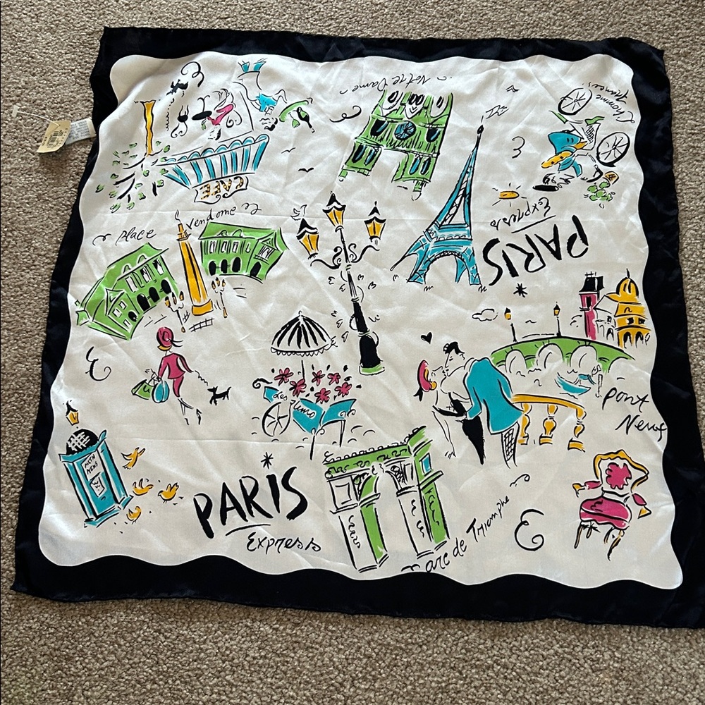 NWT 100% Silk Express Paris Landmark Printed 19” x 19” scarf